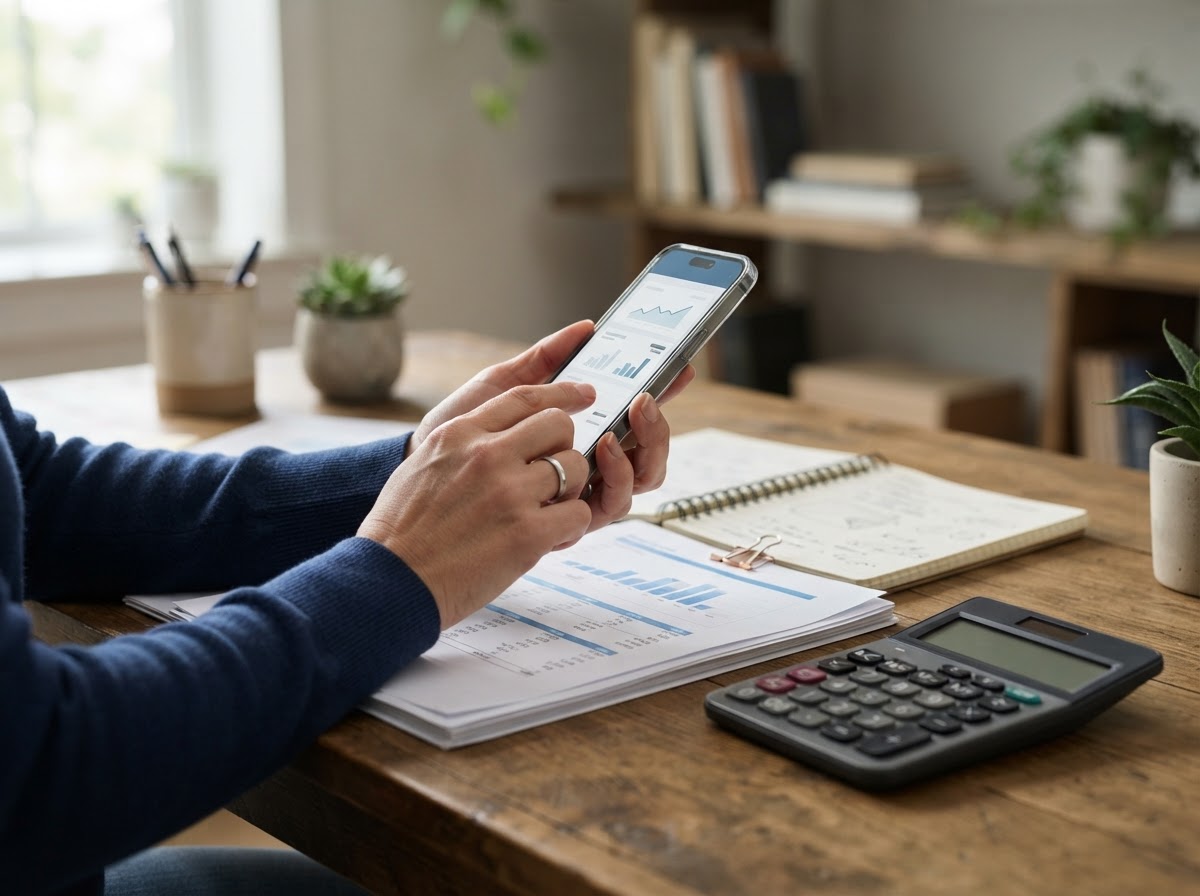 Mãos segurando celular com aplicativo bancário ao lado de calculadora e documentos sobre a mesa