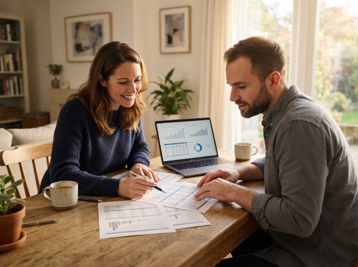 Casal analisa tabelas de comparação de investimentos em casa.