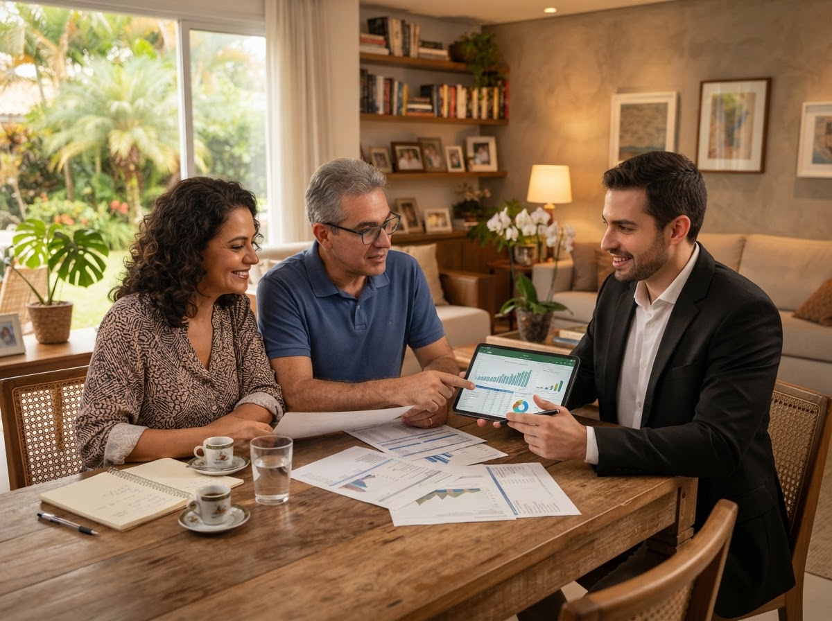 Casal conversando com assessor de investimentos sobre documentos e tablet em uma sala de estar