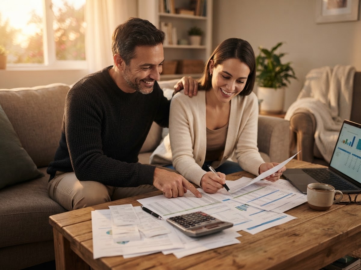 Casal revisando documentos de planejamento financeiro na sala de casa