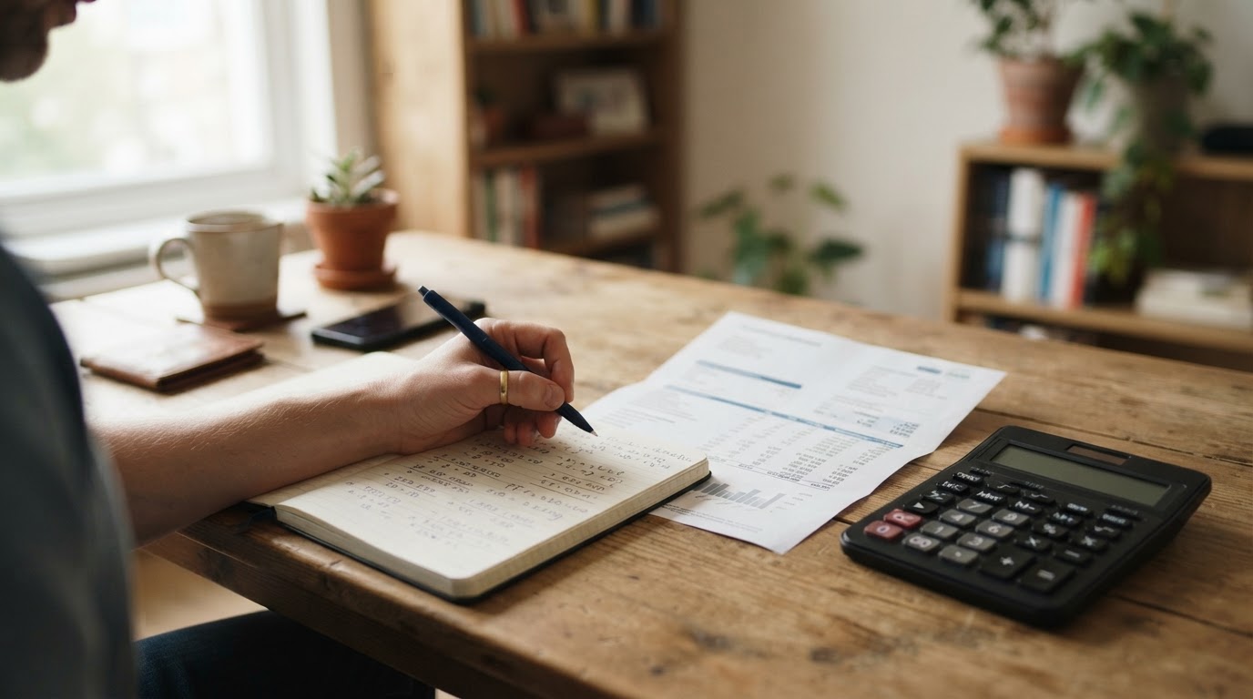Mesa com calculadora, caderno e extrato de investimentos sob luz natural.