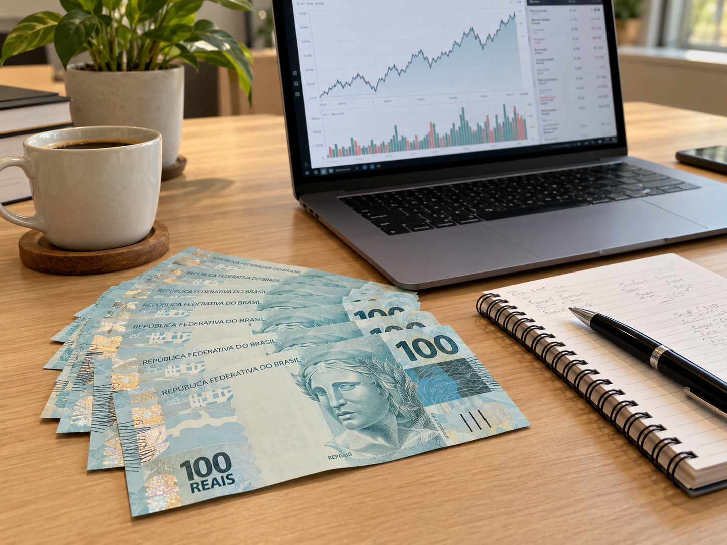 Notas de 100 reais, notebook com gráfico e caderno sobre mesa de madeira clara