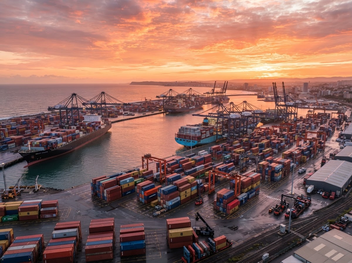 Porto de contêineres ao amanhecer com navios cargueiros representando o comércio e os mercados globais