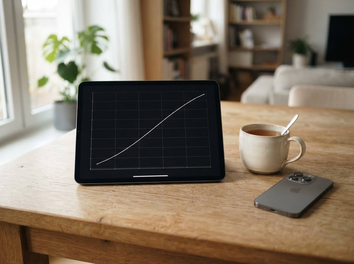 Tablet mostra gráfico da estrutura a termo da taxa de juros sobre uma mesa ao lado de uma xícara.